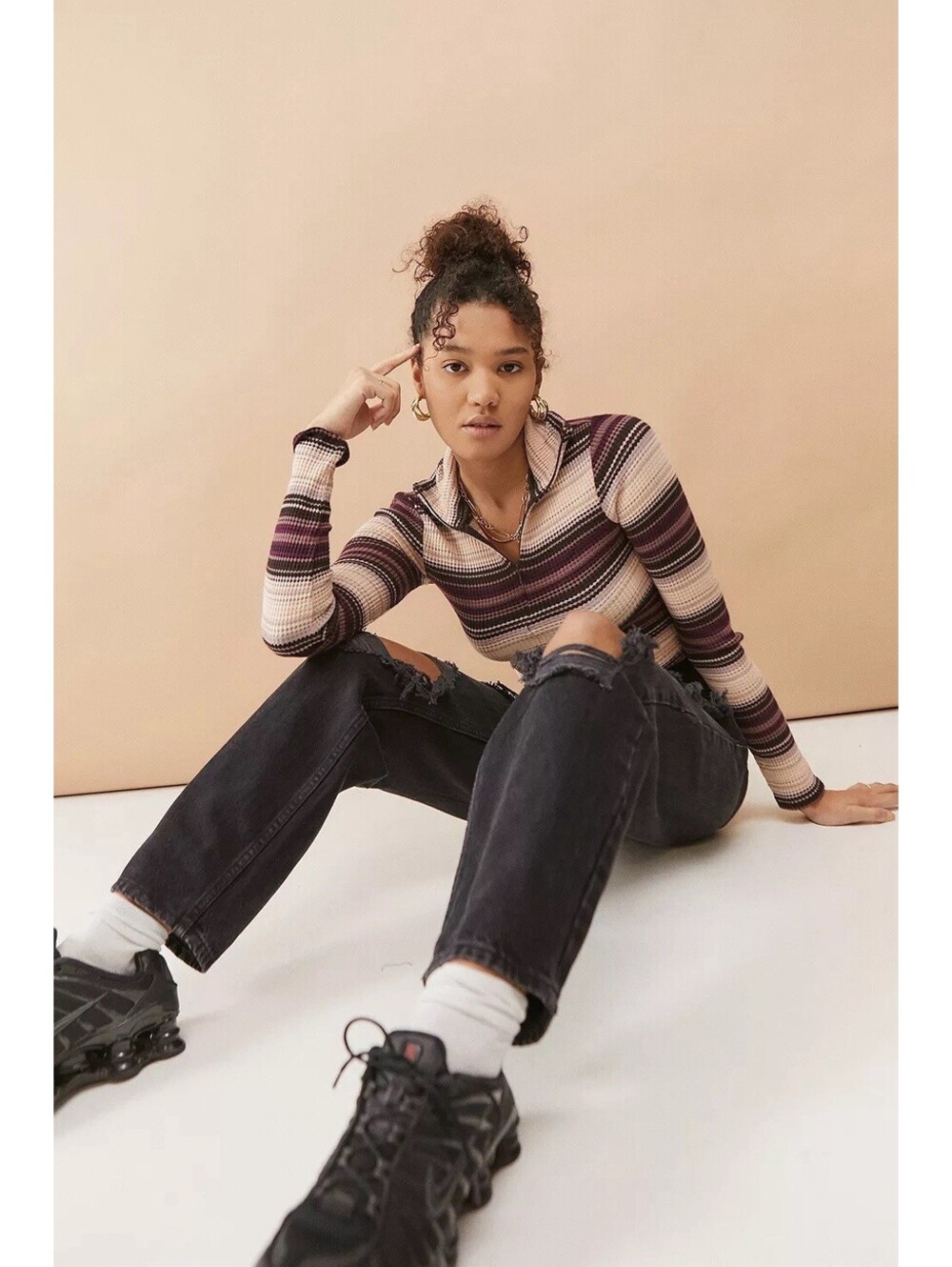 BDG by Urban Outfitters Striped Bunny Thermal Quarter-Zip Cropped Top In Multi-S